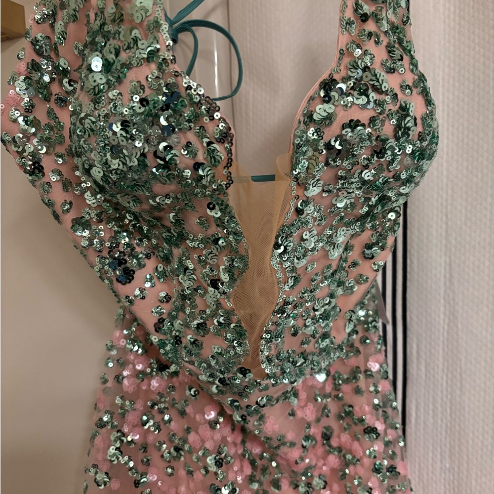 Sequin Evening Gown in Pink and Green - Picture 2 of 9
